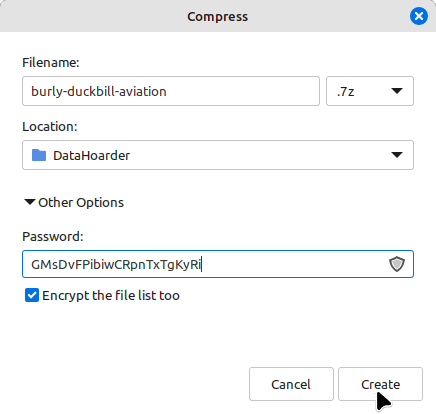 Dialog to compress the directory. Filename: burly-duckbill-aviation, Password: "GMsDvFPibiwCRpnTxTgKyRi", check "Encrypt the file list too"