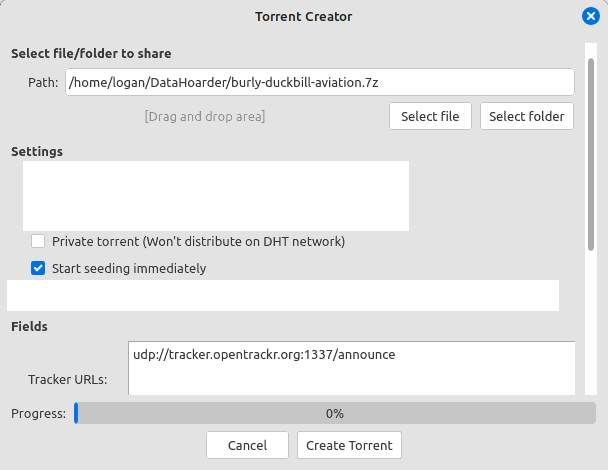 qBittorrent user interface, with the 7z file selected as the file path, 'start seeding immediately' checked, private torrent NOT checked, and tracker URLs populated with a tracker announcement URL.