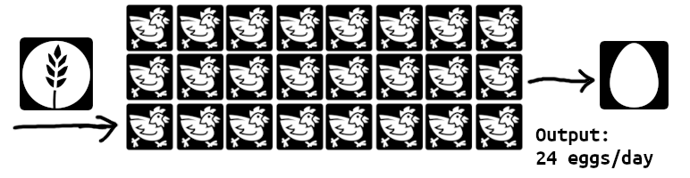 A system flow diagram, showing 24 hens producing 24 eggs a day