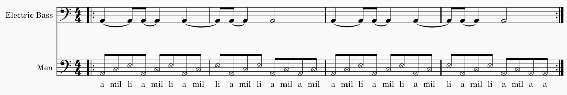 Four measures of A Milli by Dwayne Michael Carter Jr. A male voice repeats "a milli" in an eighth note pulse, over a two-measure'