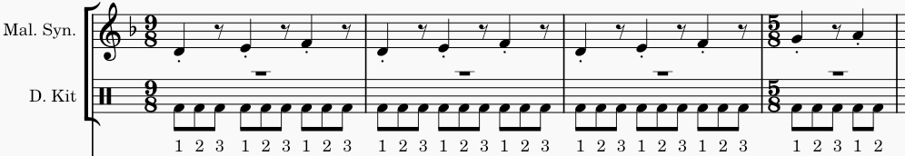 The same section of music, notated as three measures of 9/8 and a measure of 5/8.