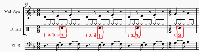 The snare hits look random in 9/8-5/8